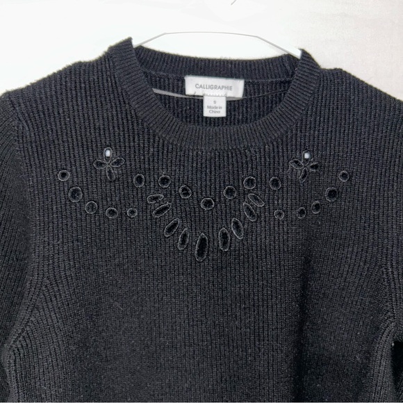 Black Ribbed Knit Sweater with Eyelet Lace Details by Calligraphie - Picture 6 of 6